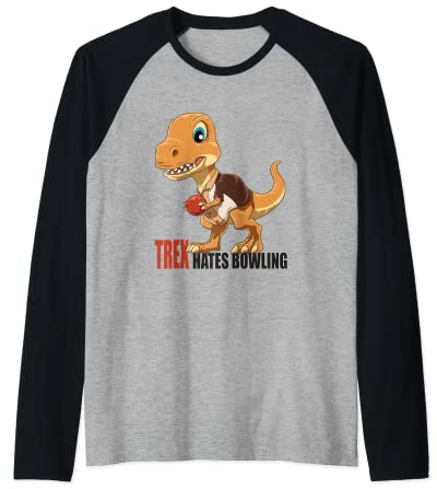 Bowling Dino Strikes Again - Funny Bowling T-Rex Raglan Baseball Tee
