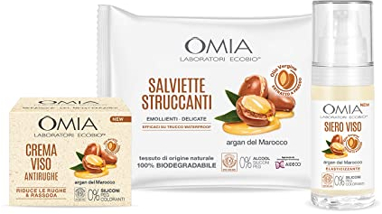 OMIA LABORATOIRES Kit Routine Viso, Set Cura Viso con Crema Idratante Viso, Siero Viso e Salviette Viso con Argan del Marocco per Pelli Secche, Kit Trattamento Skin Care Antirughe - Esclusiva Amazon