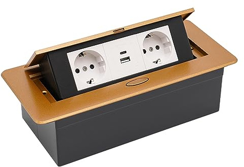 Sänkbar grenuttag, inbyggt uttag med USB + typ C popup bordsuttag skrivbordsuttag med 2 x EU-uttag för bänkskiva kontor (guld)