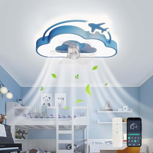 Bambini Ventilatore Da Soffitto Con Luce E Telecomando Silenzioso Lampadario Ventilatore Da Soffitto Nuvola LED Dimmerabile 6 Velocità Reversibile Plafoniera Con Ventilatore Per Camera Da Letto-Blue