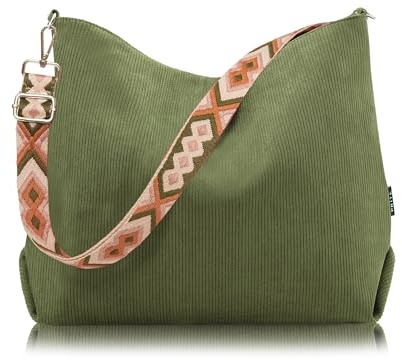 Prite Shopper Tasche Damen Groß Cord Tasche Tote Bag mit Verstellbarem Schultergurt für College Schule Arbeit Reisen Einkaufen（Grün）