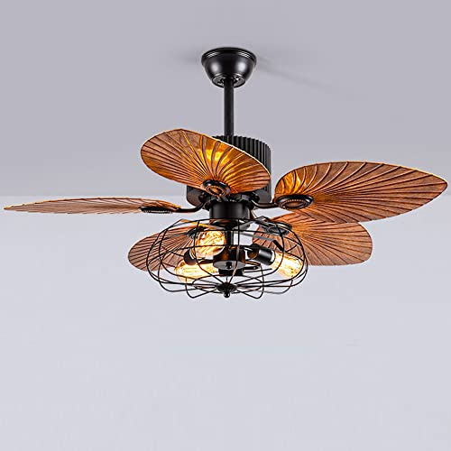 Ventilatore da soffitto americano retrò leggero con gabbia di ferro industriale con luci Ventilatore da soffitto a 3 velocità Luce imitazione foglie Pale del ventilatore per sala da pranzo Camera da
