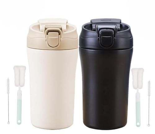 XIXIAMI Travel Mug 2 Packs 400ml Insulated Cup for Coffee Hot and Cold Drinks Car Mug with Straws, Cleaning Brush Leakproof Thermal Stainless Steel Tumbler Birthday Gifts for Girls Boys