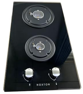 NOXTON Gas Hob 2 Burner with LPG/NG Kit, Built-in Gas Cooker Plug & Go Easy Installation, Black Tempered Glass Easy to Clean, Cast Iron Pan Support, Flame Out Protection Prevent Gas Leakage