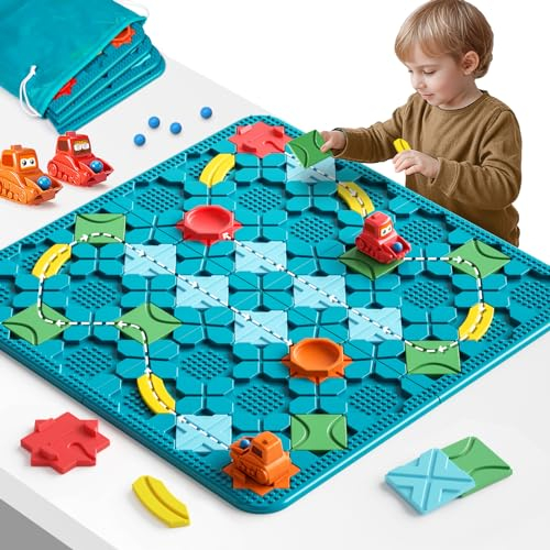 burgkidz Logischer Straßenbauer Brettspiele für Kinder 4 5 6 7 8 Jahre Jungen, 56 x 56 cm Großen Spielbrett Labyrinth Puzzle Logikspiel mit Rückzugbagger, Geschenke Kinderspielzeug für Alter 4-8