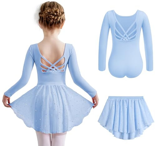 Arshiner Mädchen Ballettkleidung Langarm Ballettkleid Zweiteilig Kinder Baumwolle Tanzkleid Rückenfrei Ballett Trikot mit Tütü Ballettanzug Tanztrikot Ballerina Kleid Blau 130/3-4Jahre