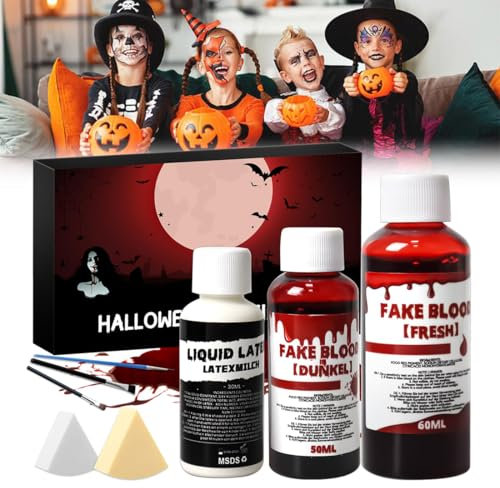 Halloween Schminke, Halloween Spezialeffekt Make up Set, Halloween Make up Set, 60ML gefälschtes Blut+50ml gefälschtes altes Blut + 30ml Latex und 5 weitere Werkzeuge, Halloween Spezialeffekt Make up