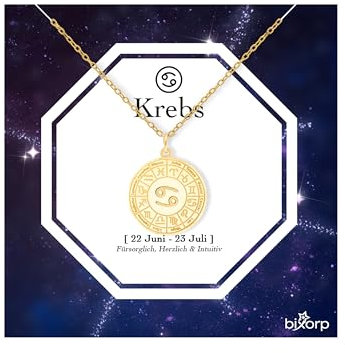Bixorp Sternzeichen Krebs Halskette - Sternzeichen-Medalion aus Edelstahl in Gold – Zodiac-Halskette auf Geschenkkarte