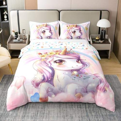 Homewish Fille Licorne Rose Coton Housse de Couette 220x240,Dessin Animé Mignon Cheval Parure de Lit,Thème de Conte de Fées Fantaisie Literie,Scintillant Arc en Ciel Amour Couvre Lit pour Filles
