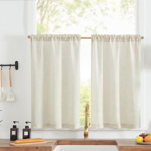 TOPICK Skivgardiner kök H 60 x B 65 (cm) set om 2 linneutseende köksgardiner fönstergardiner kort för vardagsrum sovrum modern ogenomskinlig köksgardin gardiner ljusgenomsläppliga beige