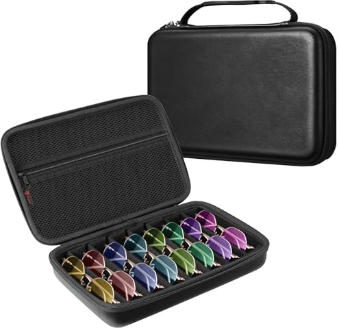 FINTIE Organizador Gafas de Sol con 8 Compartimentos Ajustables, Estuche Gafas Rígida de EVA con Cremallera para Hombres y Mujeres, Negro