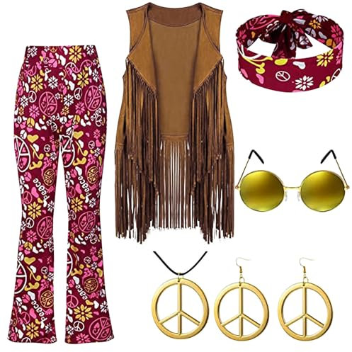 Generisch Damen-Hippie-Kleid, 1970er-Kostüm, mit Halskette, Ohrringen, Sonnenbrille, Disco-Outfit, 1960er-Party-Kostüm, Halloween Retro-Kleid Hippie Stulpen Mit Schlag Fasching KostüM Lustig
