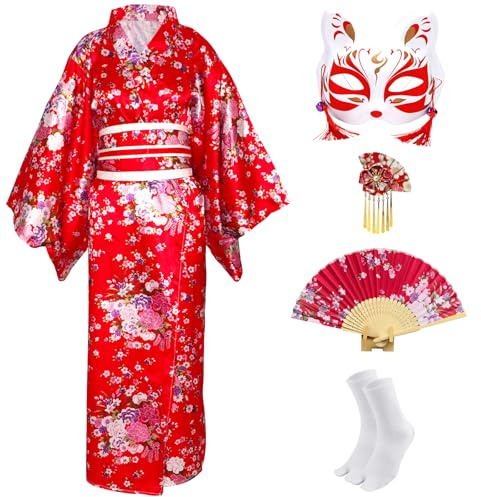 CRFASIBE 5 Pièces Kimono Robe Longue pour Femme, Kimono Japonais Peignoir Imprimé Sakura, Japonaise Cosplay Yukata Set de Costume avec Accessoires(Rouge)