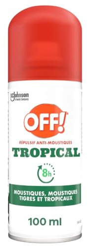 OFF Tropical Spray Sec - Répulsif Anti-Moustiques, Moustiques Tigres et Moustiques Tropicaux - Jusqu'à 8H de Protection - 1 Spray, 100ml | Spray répulsif offrant jusqu’à 8 h de protection contre les moustiques tigres, tropicaux et communs