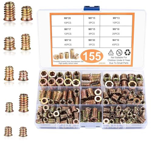 Threaded Inserts for Wood, 155 PCS Insert Nuts M4 M5 M6 M8 Hex Drive Head Nut Zinc Alloy Hex Socket Drive for Wood Furniture DIY Project
