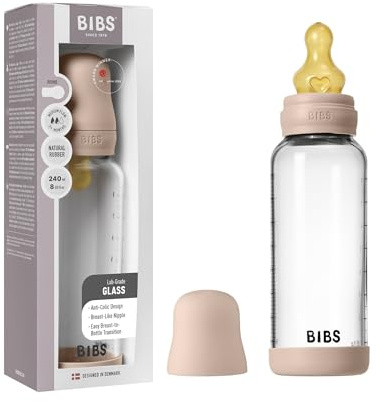 BIBS Baby Glass Bottle. 240ml Biberon en verre. Anti-colique. Embout rond en latex de caoutchouc naturel. Favorise l’allaitement naturel, 240ml, Complete Set - Blush