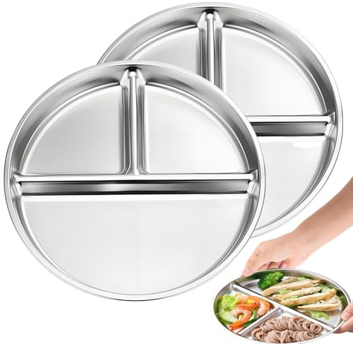 2 Stück Edelstahl Teller Baby,Edelstahl Kinderteller,23cm Portionskontrollteller Mit 3 Fächern,EdelstahlSaugnapf Teller,Unterteilt Kinderteller Set,Babyteller Mit Saugnapf,Für Heimkindergarten Schule