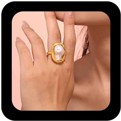 Cybche Boho Baroque Pearl Ring Gold Adjustable Open Pearl Knuckle Finger Rings Wedding Irregular Statement Large Pearls Ring Jewelry for Women