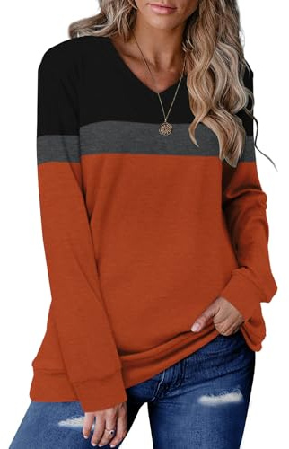 KISSMODA Womens Sweatshirts Long Sleeve V Neck Pullover Casual Loose Trendy Tunic Tops Fall Jumpers Shirts