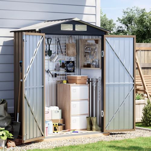Grovellis 5 x 3 FT Metal Storage Shed for Backyard, Brown | Metal Tool Shed for Backyard Garden Patio, Double Door Storage House for Lawn Equipment
