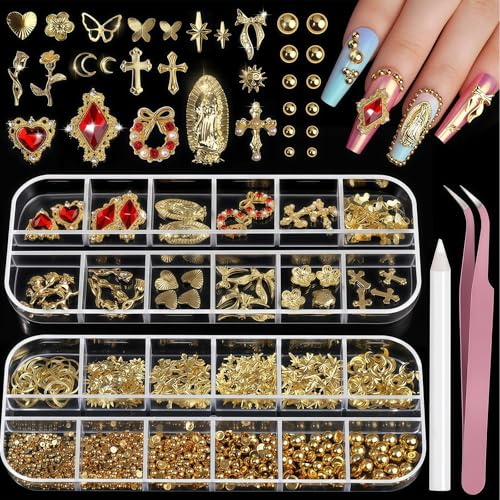 VelvetGlow Guldfärgade nageldekorationer med platta nagelpärlor, 3D-nageldekorationer och ädelstenar för nageldesign, guldpärlor med hjärta, stjärna och korsdesign, nageltillbehör