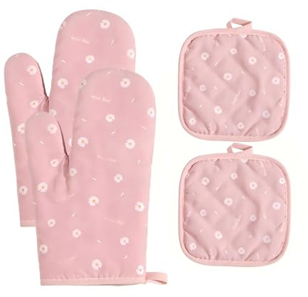 pink oven gloves, pink kitchen accessories, oven mitts, MINWEGI 4-Piece Oven Gloves Set with 2 Heat Resistant Mitts and 2 Pot Holders, Cotton Non-Slip Cooking Gloves for Baking BBQ Kitchen