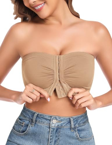 Niwicee Reggiseno Senza Spalline Donna Senza Ferretto,Reggiseni a Fascia Invisibile Senza Cuciture,Chiusura Frontale Non Imbottito Bandeau Bra Boob Tube Strapless Stretch Brassiere Tops (Beige,XL)
