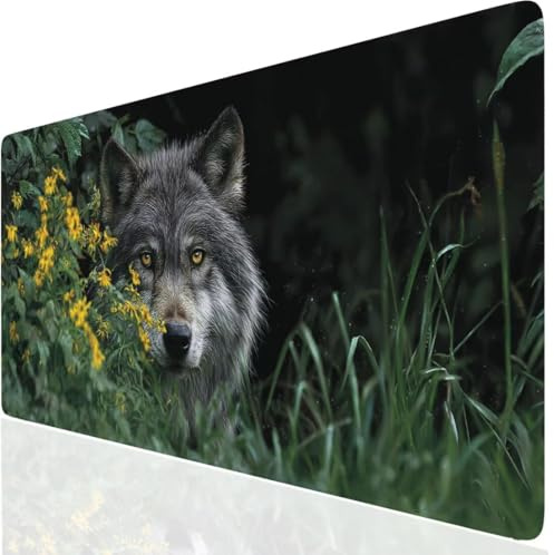 Wolf Mauspad XXL, Grün Mousepad 600x300x3mm mit Genähten Kanten, Mauspad Großes Schreibtischauflage, Gaming Mousepad Wasserdicht und rutschfest, Desk Mat Vernähte Kanten für MacBook, Laptop DE-8802