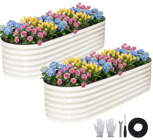 ZORMY Raised Garden Bed Outdoor - 6×2×1.4ft Metal Planters Outdoor,Oval Raised Garden Kits,Metal Raised Beds with Safety Edging and Gloves for Vegetables Fruits and Flowers (white, 6×2×1.4ft-2Pack)