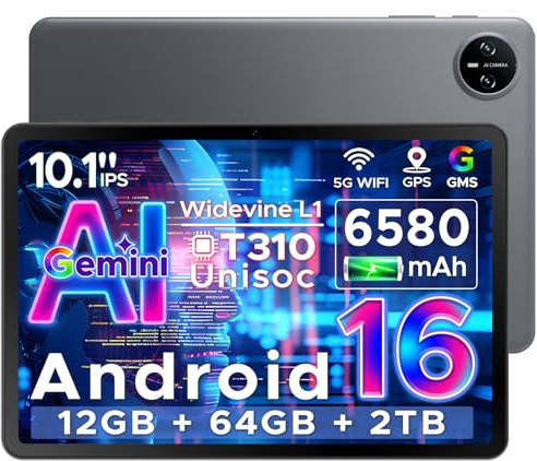 DOOGEE Tab A9 Android 16 Tablet 10 Pollici, Gemini AI Tablet in Offerta Gaming, 12GB RAM + 64GB ROM (TF 2TB), 6580mAh Batteria, 5G WiFi, 1280 * 800 IPS, 5MP+8MP, Unisoc T310 Quad Core/OTG/Face Unlock