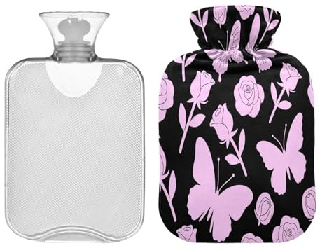 Botella de agua de moda rosa y negra con diseño de mariposa para agua caliente con cubierta suave, bolsa de agua caliente de 2 litros para calambres menstruales, alivio del dolor, bolsas para agua