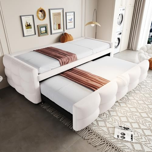 DUlVBPE Sängklädsel, utdragbar bäddsoffa, 90/180 x 190 cm, puffsäng, teddy sammetstyg, enkelsäng, dubbelsäng, med ribbotten, multifunktionssäng, beige (utan madrass)