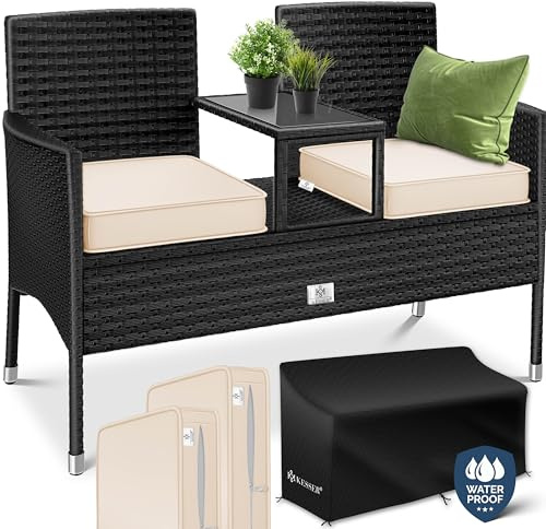 KESSER® Polyrattan Gartenbank mit Tisch, 2 Sitzer, 143x63x88cm Gartenbank wetterfest, Sitzbank Outdoor, Balkonbank mit Ablage, Gartenmöbel Rattan Bank für Garten & Balkon + Kissen & Cover, Schwarz