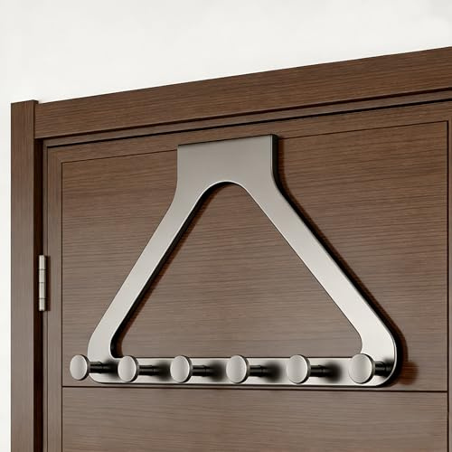 FOUTP Türhaken – Dreieckiger Türhänger mit 6 Haken, Platzsparender Organizer Ohne Bohren, Robuste Metall-Garderobe, 44x22cm, für Bad, Büro & Schlafzimmer (Grau)