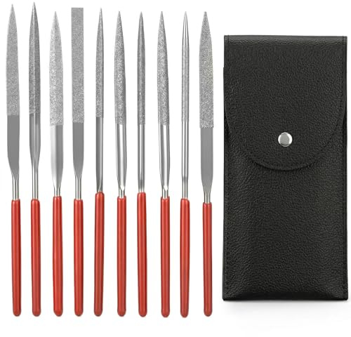 11 Pcs Mini Diamond Needle File Set Small Metal Riffler Files,Jewelers File | Precision Hand Tools, with Leather Case, for Glass Wood Stone Jewelry Plastic, Carving, Round Triangular Square Flat Shape