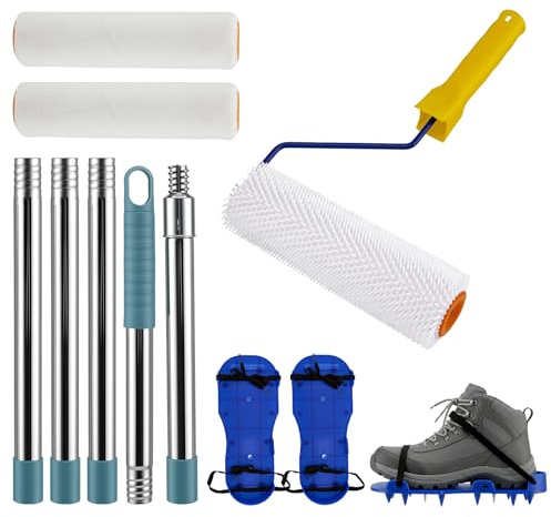 Stachelwalze Ausgleichsmasse, Nivellierfarben Bauwalzen Schaber, Glättekelle, Spikeschuhe, Farbwalzen, Selbstverlaufzement Werkzeugsatz mit Teleskopstange für Epoxidharz und Ausgleichsmasse Boden (1)