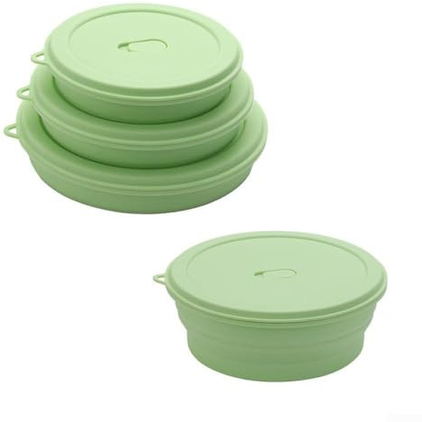 Cuencos plegables de silicona con tapas para camping, senderismo, viajes, picnic, almuerzo, apto para lavavajillas, compacto, plegable, juego de almacenamiento (3 piezas, verde)