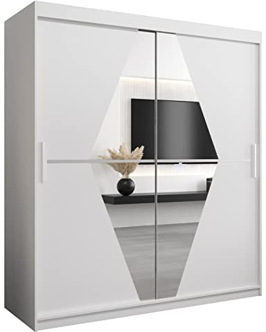 KRYSPOL Schwebetürenschrank Boliwia 180 cm mit Spiegel Kleiderschrank mit Kleiderstange und Einlegeboden Schlafzimmer- Wohnzimmerschrank Schiebetüren Modern Design (Weiß)