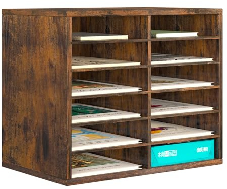 PAG 12 Fächer Verstellbarer Dokumentenablage aus Holz,Holz-Literatur-Stehsammler,Aktensortierer Briefablage A4 Zeitschriftenständer,für Büro/Zuhause/Schule,Retro-Braun