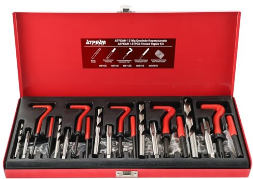 ATPEAM Juego de Reparación de Roscas 131 Piezas con Insertos Tipo Helicoil, Kit Profesional M5 M6 M8 M10 M12 para Restaurar Roscas Dañadas