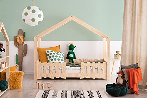 ahoj baby Kinderbett Hausbett, Solide Kinderbett, Montessori-Bett, Jungenbett, Kindermöbel, Kleinkinderbett mit Lattenrost (80x160 cm)