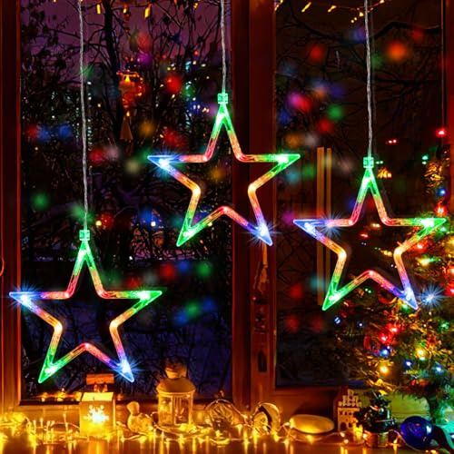 Ulinek Fensterdeko 3 Sterne mit Batteriebetrieb 30 LEDs [1M+0.6M] | LED Sterne Weihnachtsdeko für Innen und Außen Weihnachten Balkon Party-Bunt