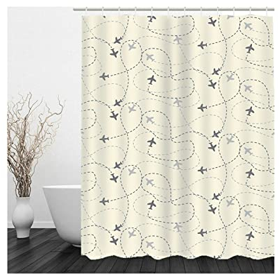 Hoisy Duschvorhang, Duschvorhang Moder Fliegendes Flugzeug Beige Grau Größe 150X180CM Schnell Trocknend Polyestergewebe Badezimmerzubehör