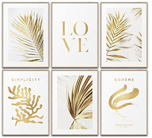 Print4Look Love Gold Wandbilder Wohnzimmer Palmen Poster Set Weiß Gold Wanddeko Bilder Schlafzimmer Deko Flur Büro (6x DIN A4 (21 x 29,7cm))