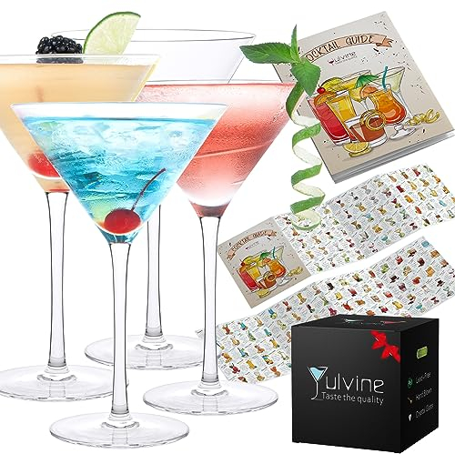 YULVINE Juego de 4 copas de Martini de cristal soplado a mano, copas de cóctel de tallo clásico transparente con guía de cóctel, para gigante, postre, bar, cosmopolita, Manhattan, Gimlet, Pisco Sour,