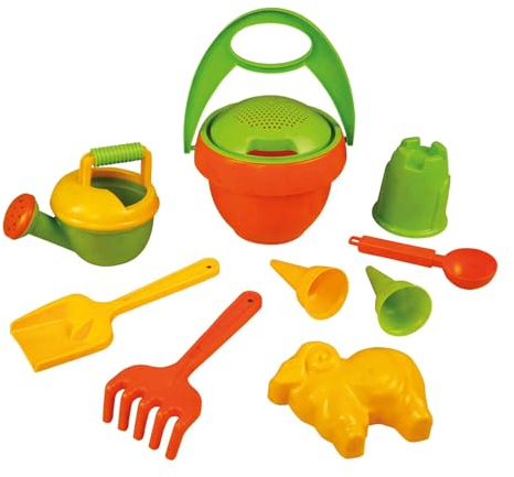 Lena 5402 Eco Sandset 10-teilig, Spielset mit Eimer, Sieb, Schaufel, Rechen, Gießkanne, Eislöffel, 2 Förmchen, 2 Eistüten, aus Kunststoff-Holz-Gemisch, Set im Naturnetz, für Kinder ab 1 Jahr, Bunt