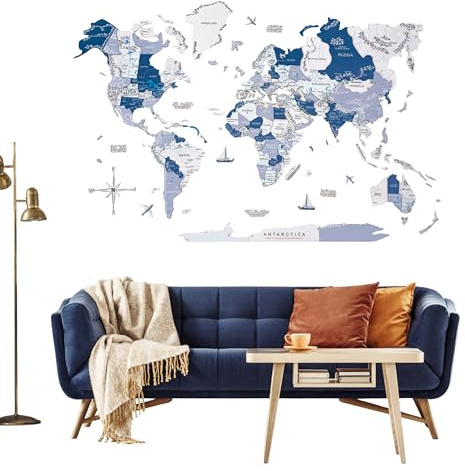 ENJOY THE WOOD Mapa de Pared de Madera Decorativo - Mapas del Mundo de Madera de Colores para Pared con Ríos y Lagos - Arte de Viajes para Pared en Todos los Tamaños (M, Aqua)