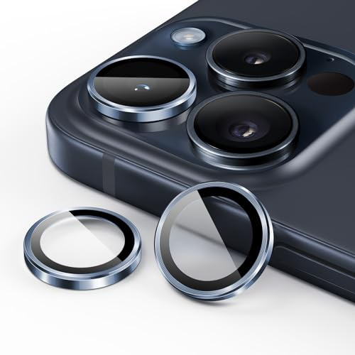 JETech Protection Objectif Caméra pour iPhone 15 Pro/15 Pro Max, Bleu | Verre Trempé 9H, Anneau Individuel en Métal, Transparent HD