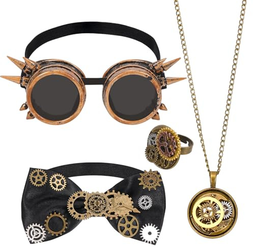 HOWAF Steampunk Kostüm Herren Damen, Brille, Fliege, Halskette, Ring, Steampunk Accessoires für Halloween Kostüm Karneval Fasching
