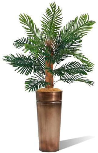 KOL 6FT Artificial Palm Tree with Galvanized Steel Bronze Tall Planter, Realistic Fake Silk Faux Tropical Areca Plants, Dypsis Lutescens Plants, Elegant Home Office Porch Indoor Outdoor Decor